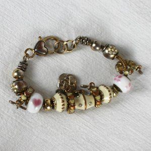 Rhinestones Charm Bracelet White w/Pink Hearts Gold Tone Endless Pendant 8" Long